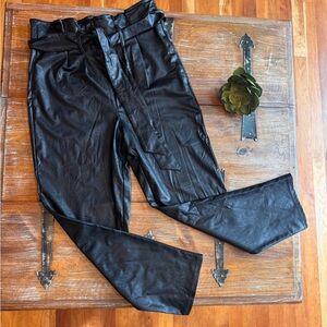 Black Faux Leather Paper-Bag Pants with Belt